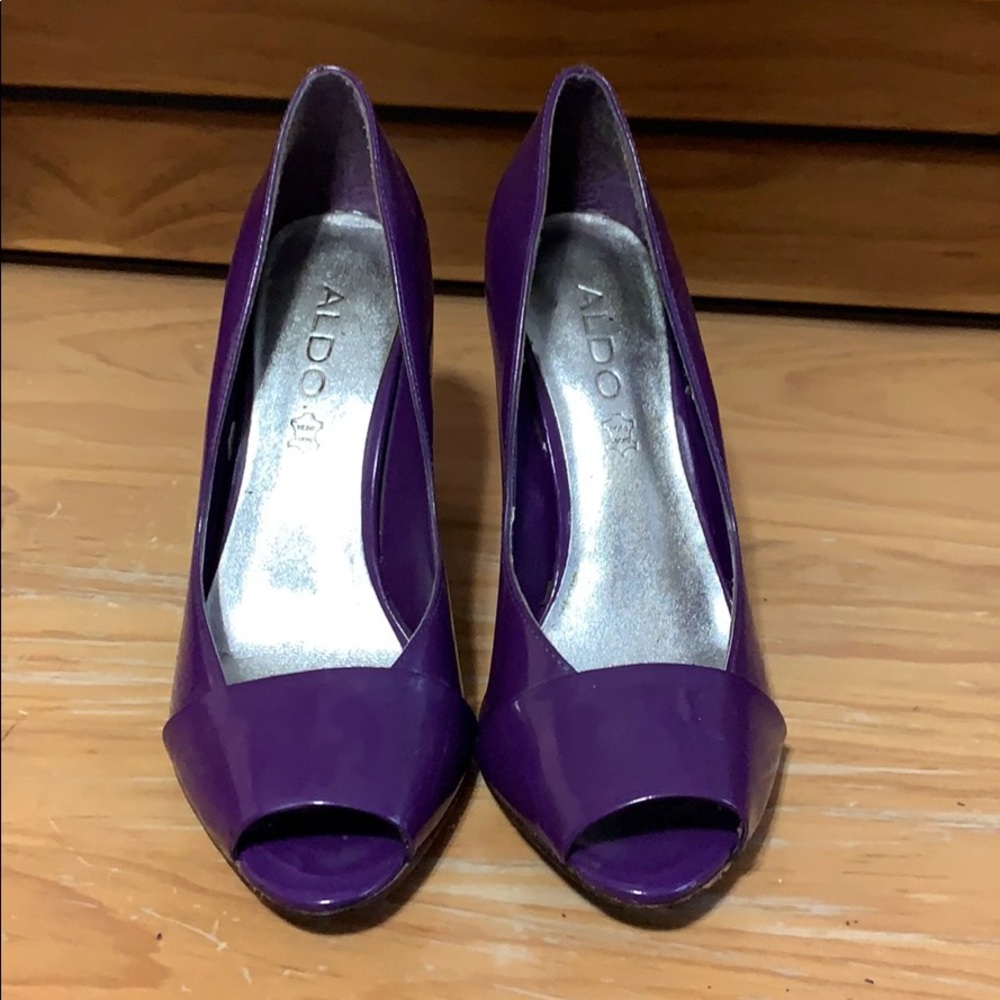 Purple peep toe pumps
